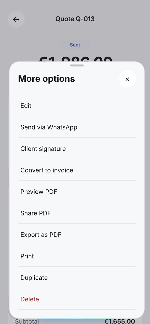 Quote actions menu: send via WhatsApp, client signature, convert to invoice and PDF