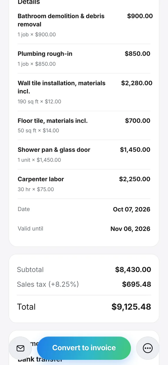 A bathroom remodel estimate in Quotea with line items by trade, square footage and labor