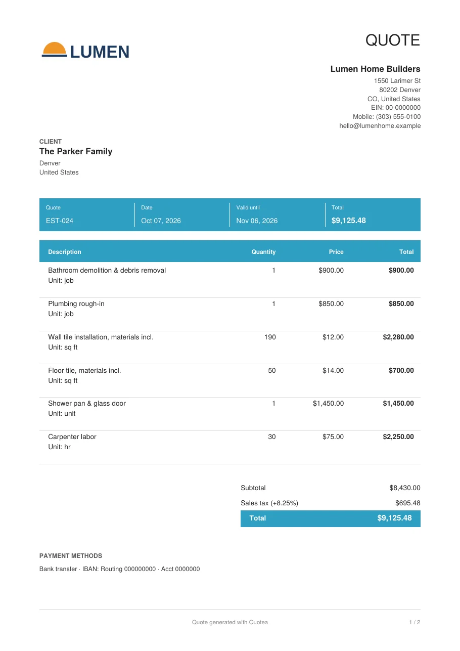 PDF bathroom remodel estimate with the Executive template
