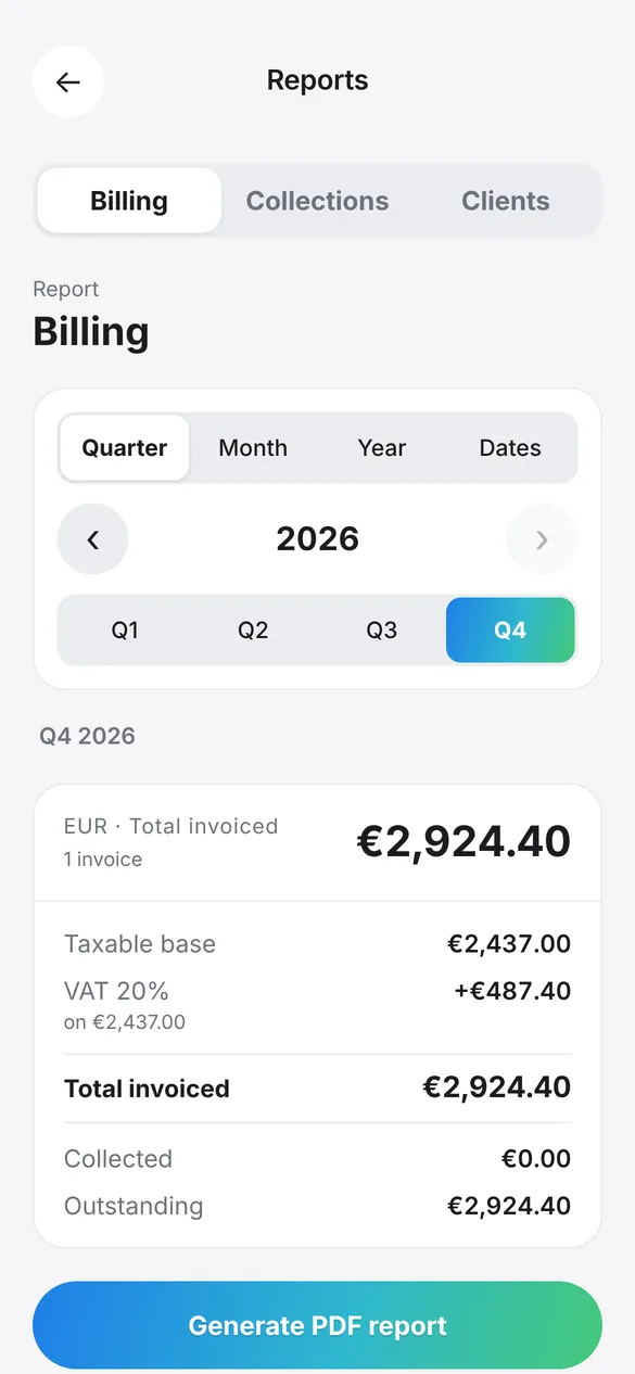 Fourth-quarter billing report with taxable base and VAT