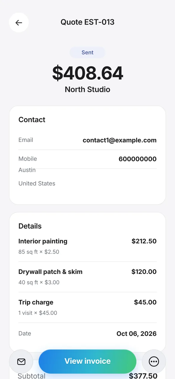 An estimate in Quotea with line items, sales tax and the customer’s details