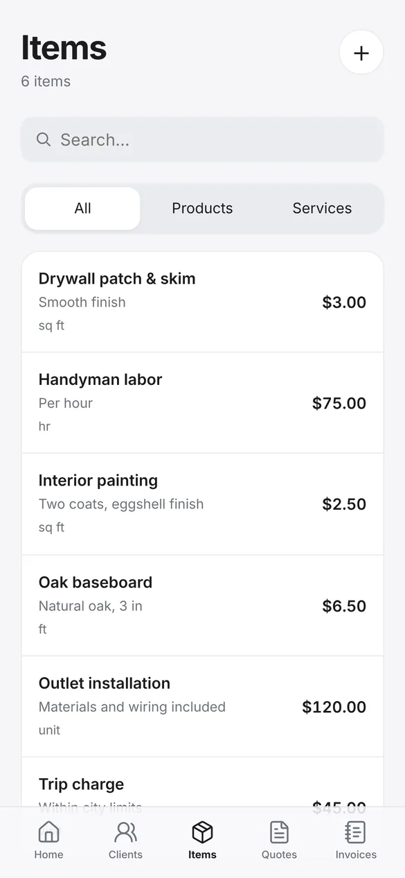Saved items in Quotea with products and services (screenshot of the current app)