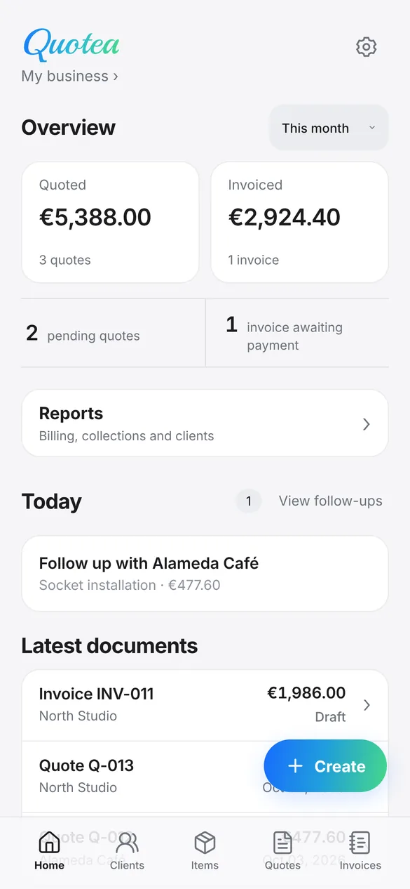 Quotea home screen with the monthly overview, today’s follow-ups and latest documents