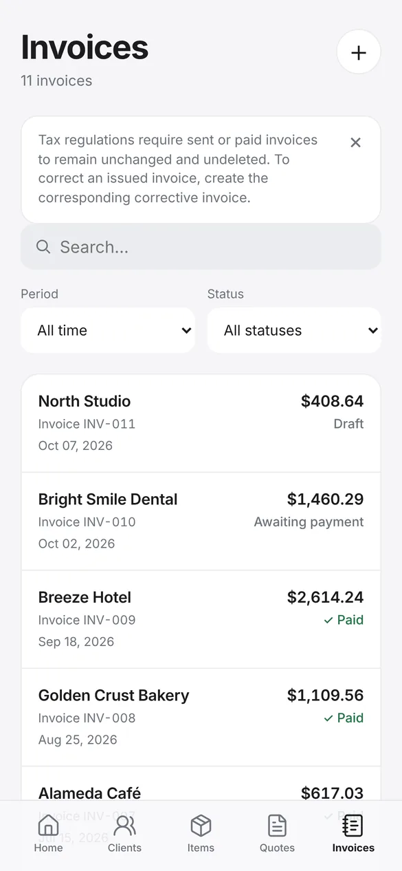 Invoice list in Quotea with statuses (screenshot of the current app)