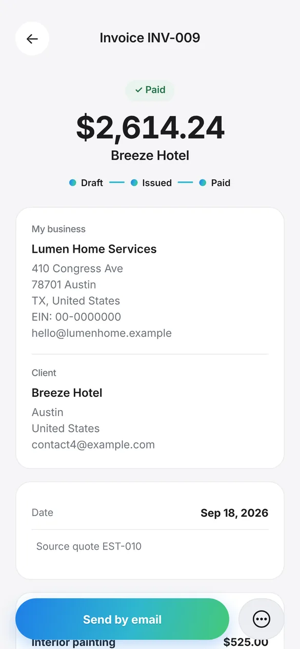 A paid invoice in Quotea for iPhone, showing its draft, issued and paid timeline