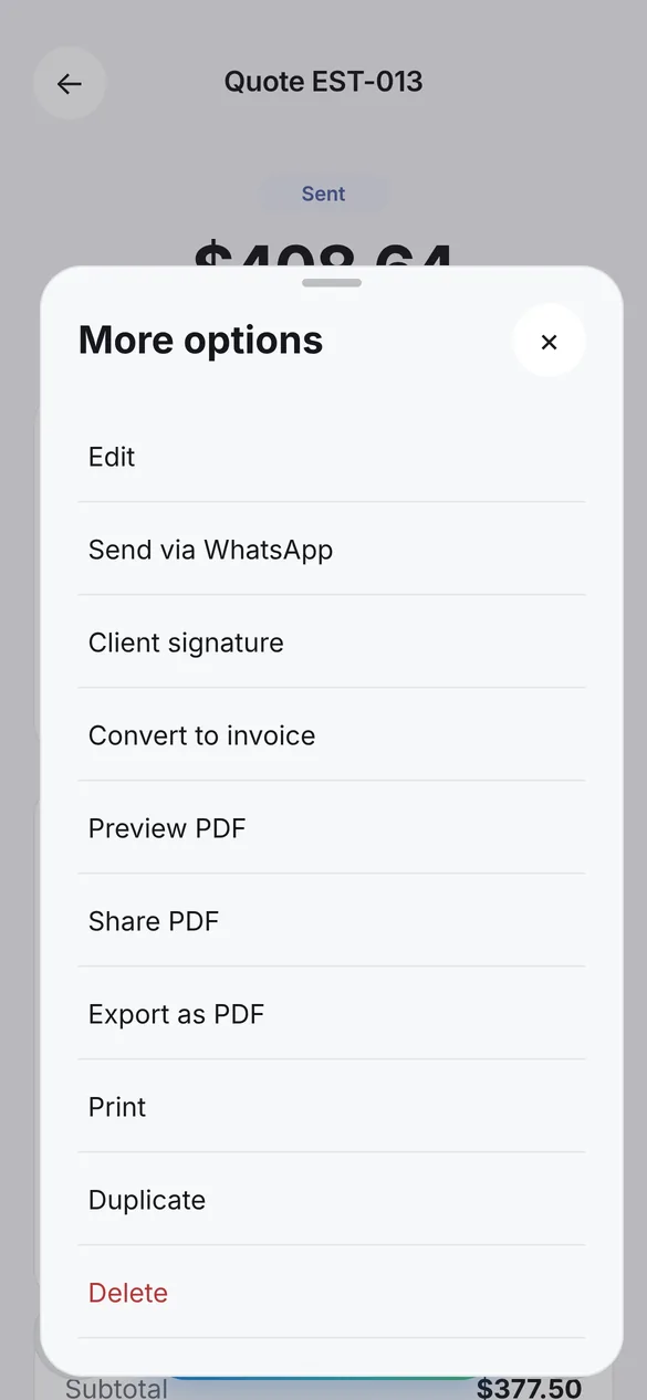 Options to share, print or export a document as a PDF in Quotea