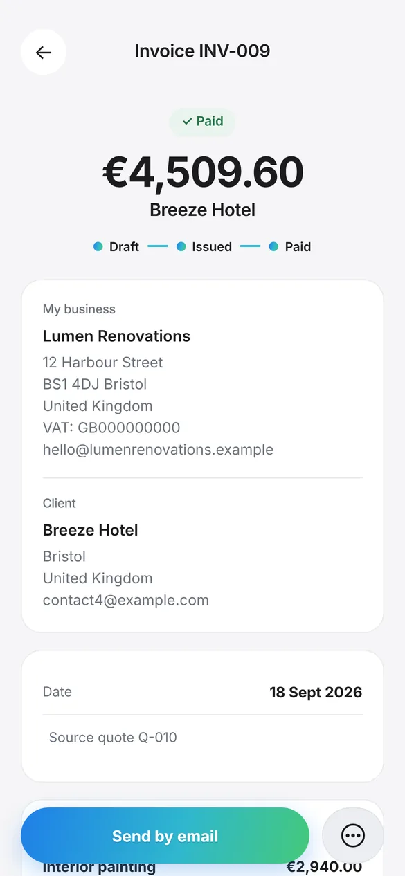 Invoice marked as paid with its timeline: draft, issued and paid