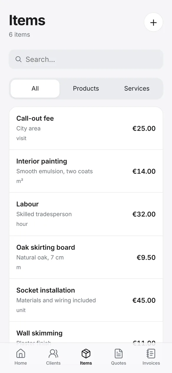 Item catalogue with products and services