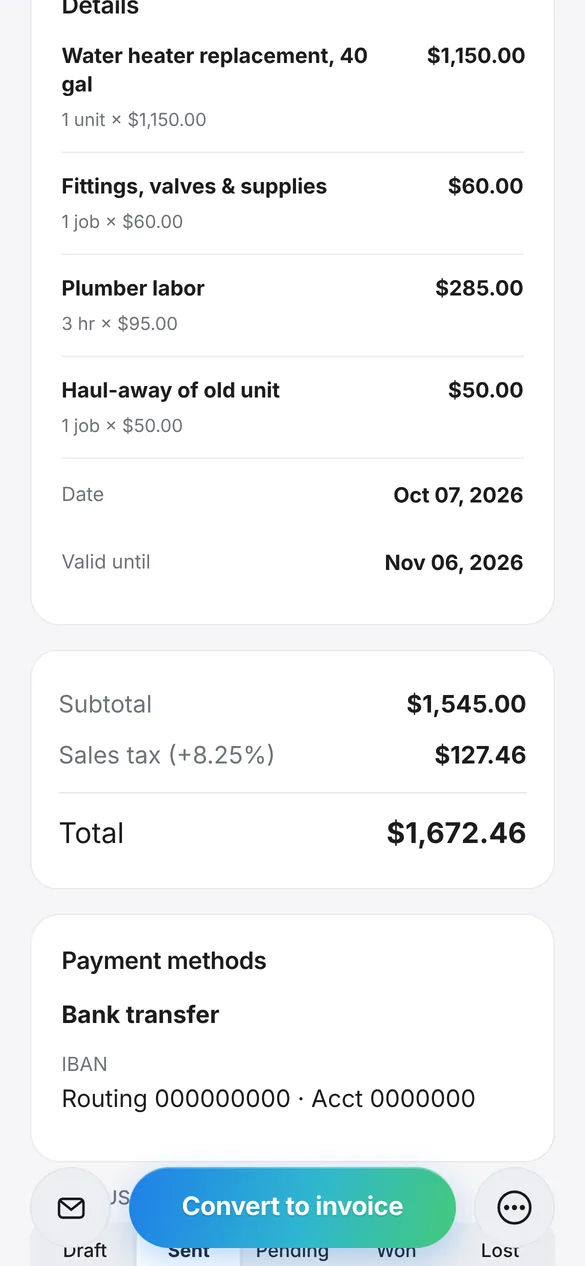 A plumbing estimate in Quotea for a water heater replacement, with parts, labor and sales tax