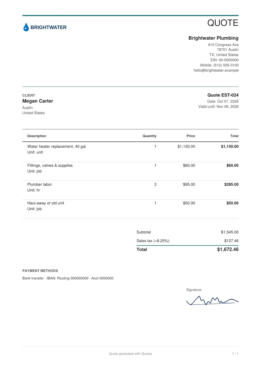 PDF plumbing estimate with the Line template