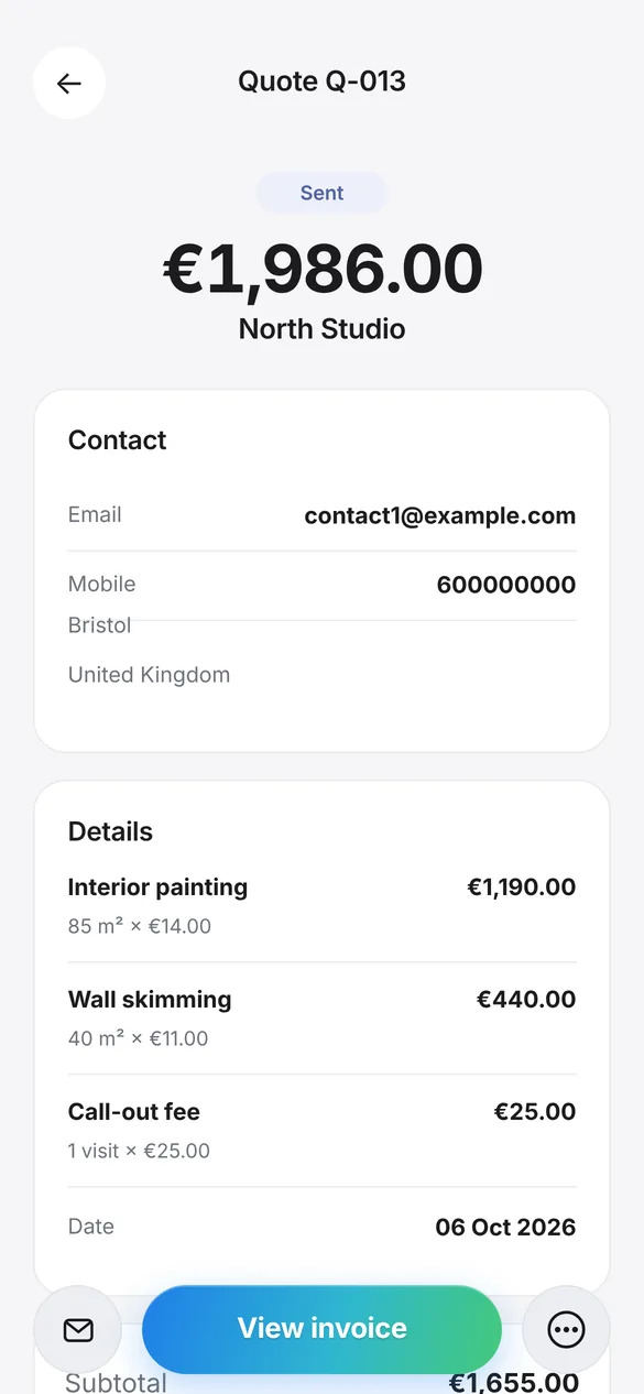 A sent quote in Quotea with line items, totals and payment method