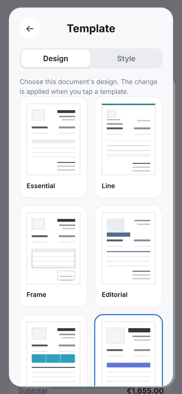 Document template picker in Quotea