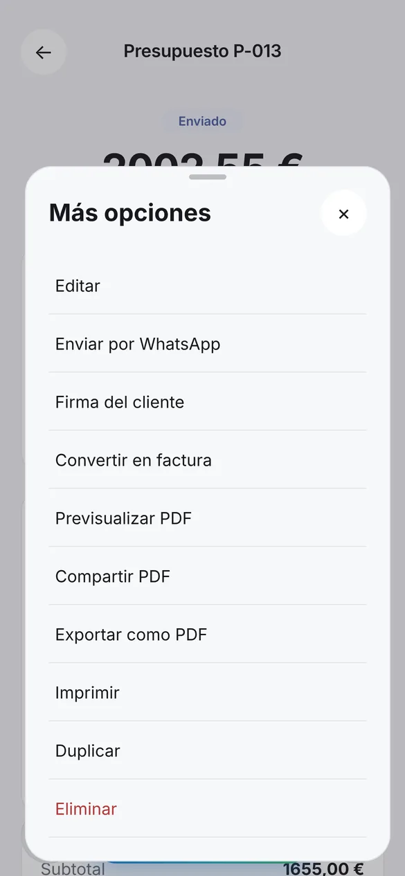 Opciones para compartir, imprimir o exportar un documento en PDF desde Quotea