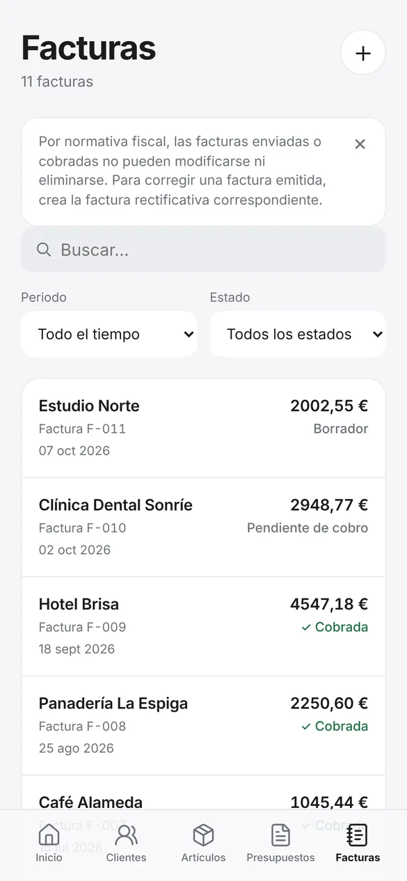 Lista de facturas en Quotea con sus estados (captura de la versión actual de la app)