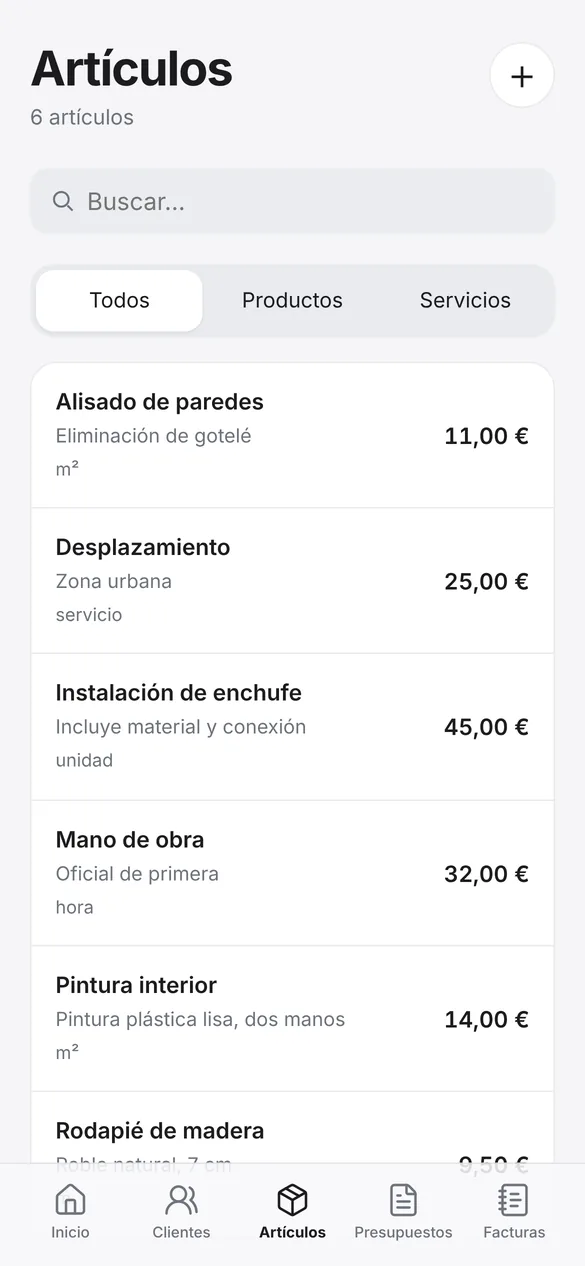 Catálogo de artículos de Quotea con productos y servicios (captura de la versión actual de la app)