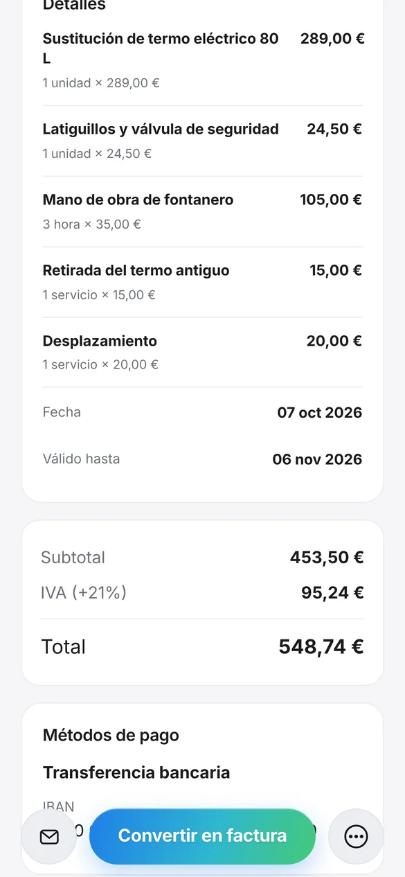Presupuesto de fontanería en Quotea con termo, latiguillos, mano de obra y desplazamiento