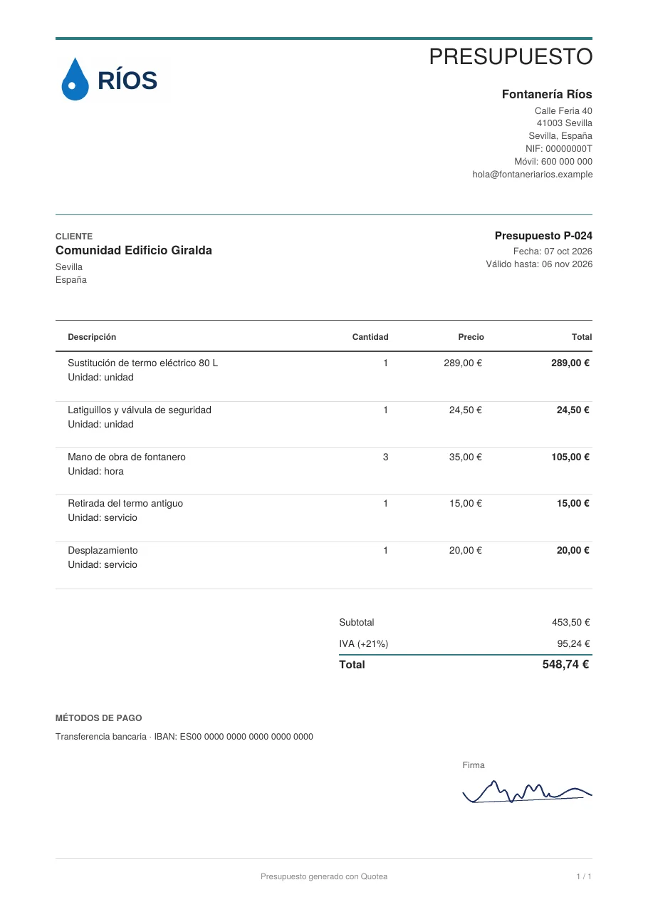 PDF de un presupuesto de fontanería con la plantilla Línea