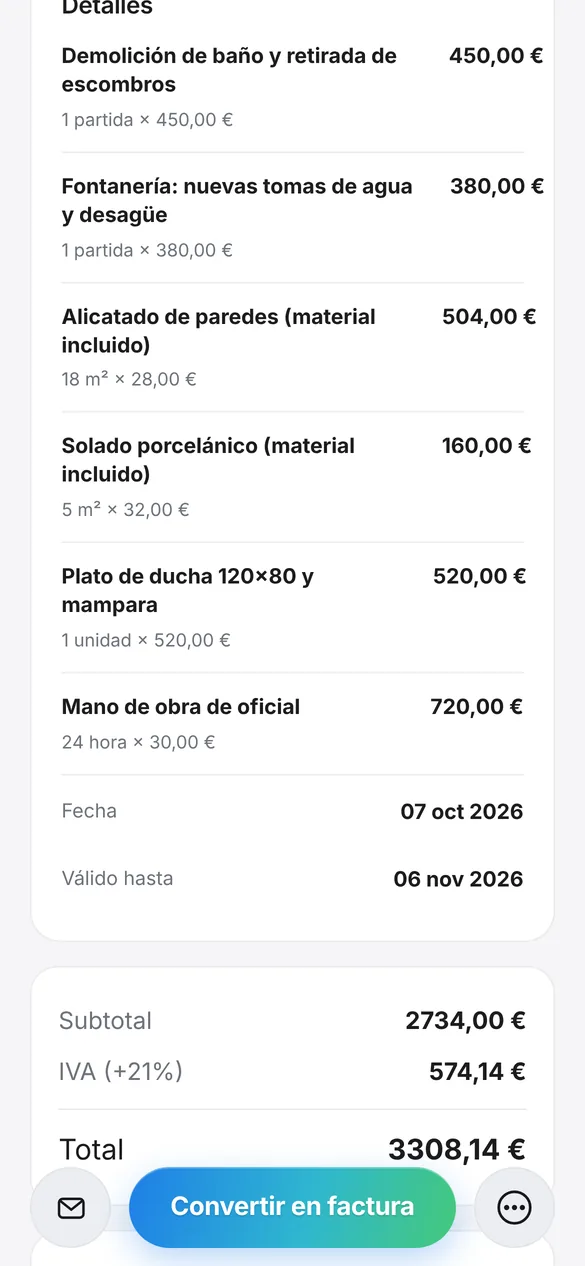 Presupuesto de reforma de baño en Quotea con partidas, metros cuadrados y mano de obra