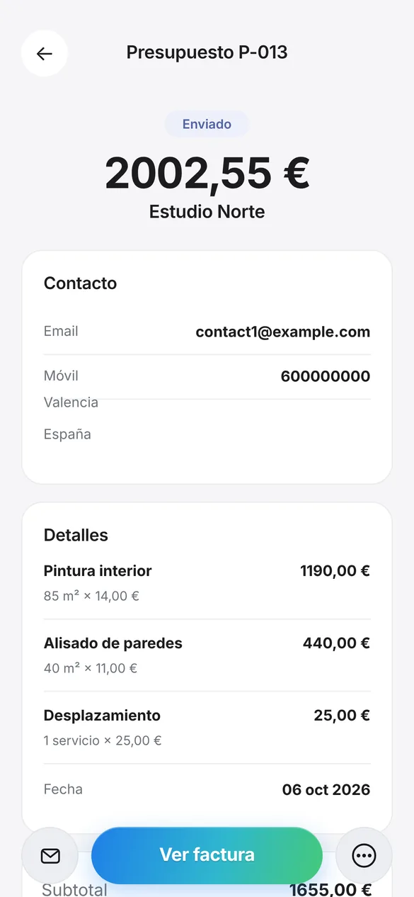Presupuesto enviado en Quotea con conceptos, total y datos del cliente