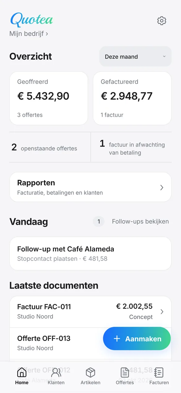 Startscherm van Quotea met het maandoverzicht, de follow-ups van vandaag en de laatste documenten