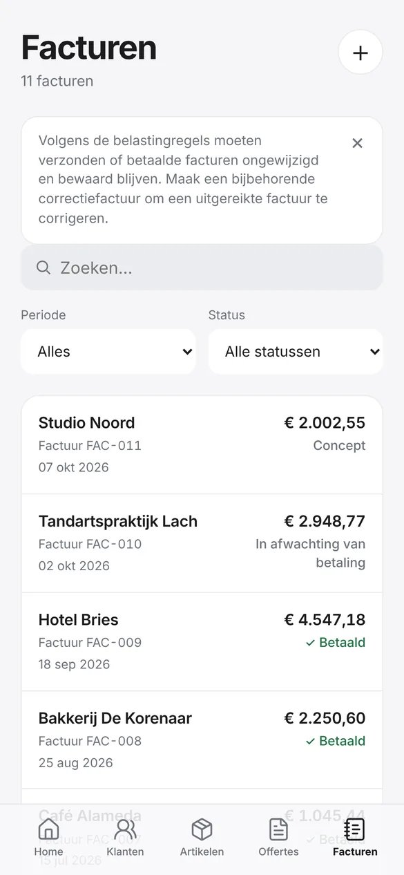 Lijst met facturen in Quotea met hun status (screenshot van de huidige app)