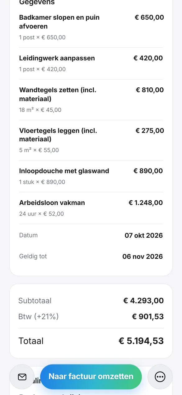 Offerte voor een badkamerverbouwing in Quotea met posten, vierkante meters en arbeidsloon