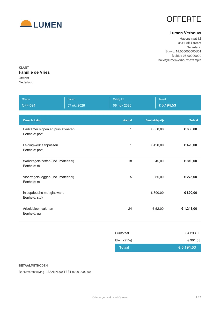 Pdf-offerte voor een badkamerverbouwing met het sjabloon Zakelijk