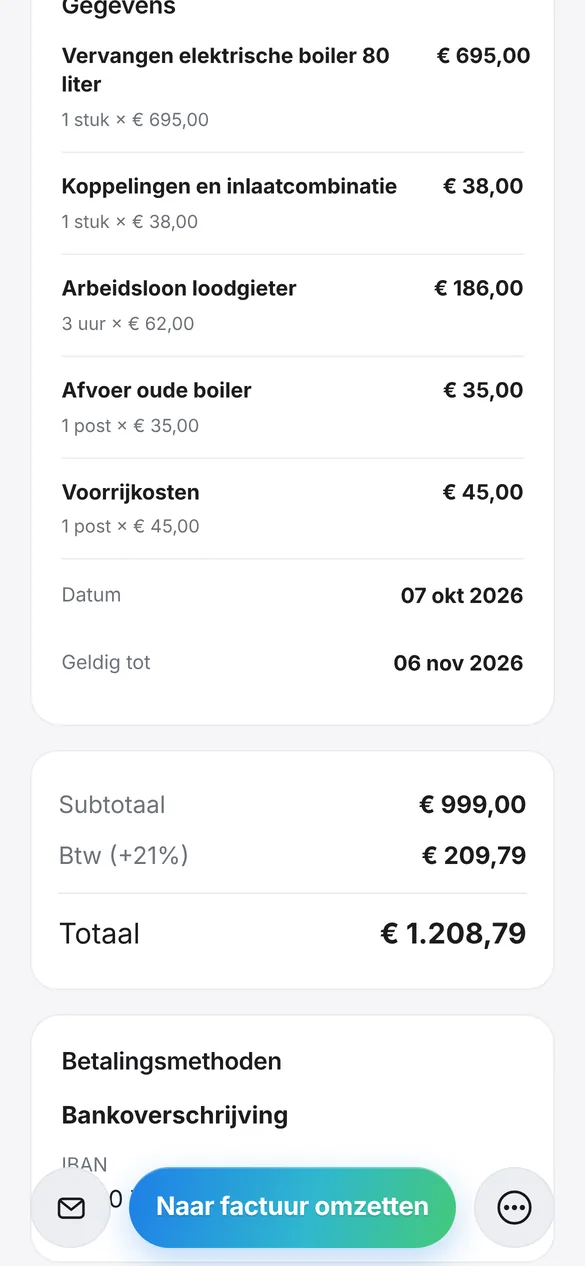 Loodgietersofferte in Quotea voor het vervangen van een boiler, met materiaal, arbeidsloon en btw
