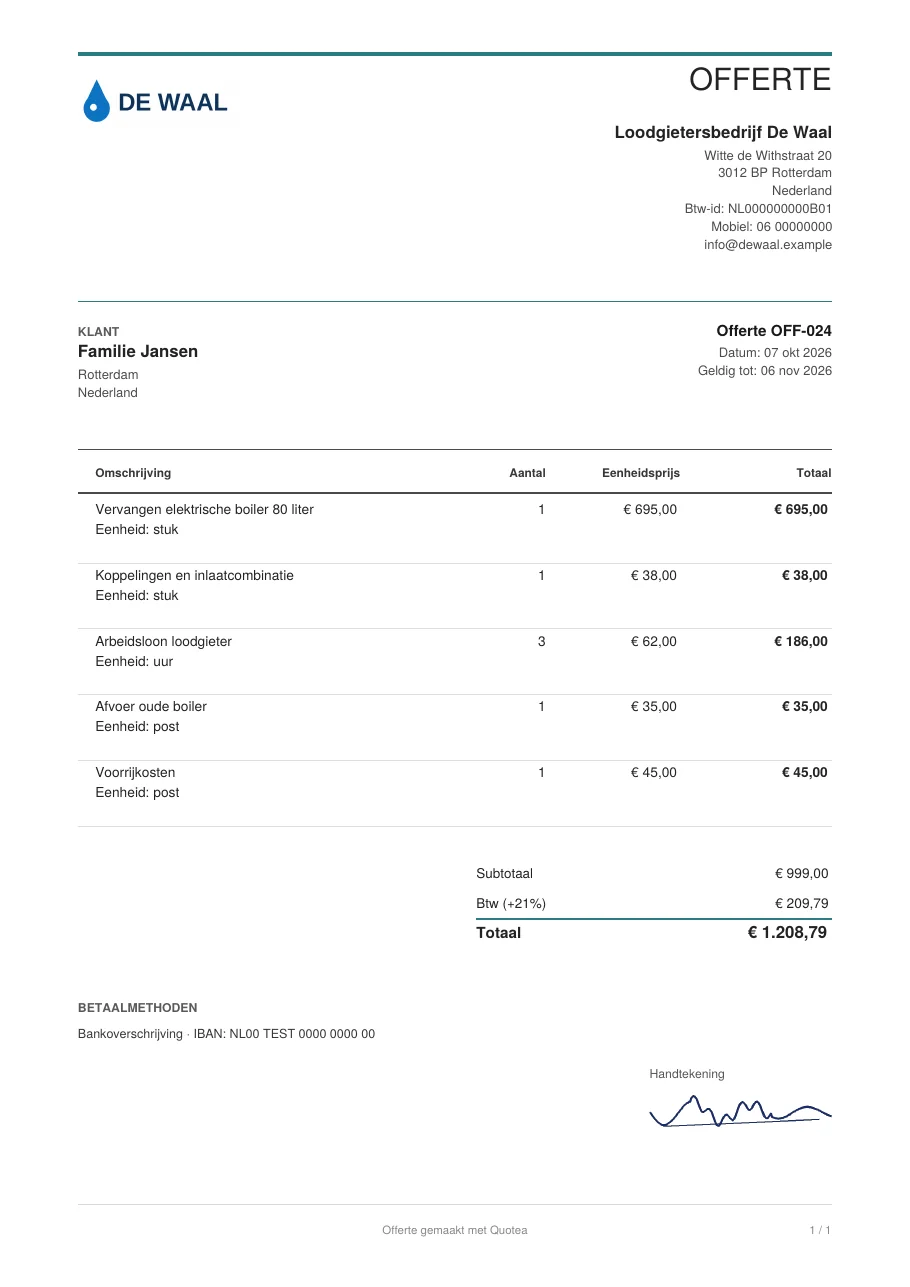 Pdf-offerte van een loodgieter met het sjabloon Regel