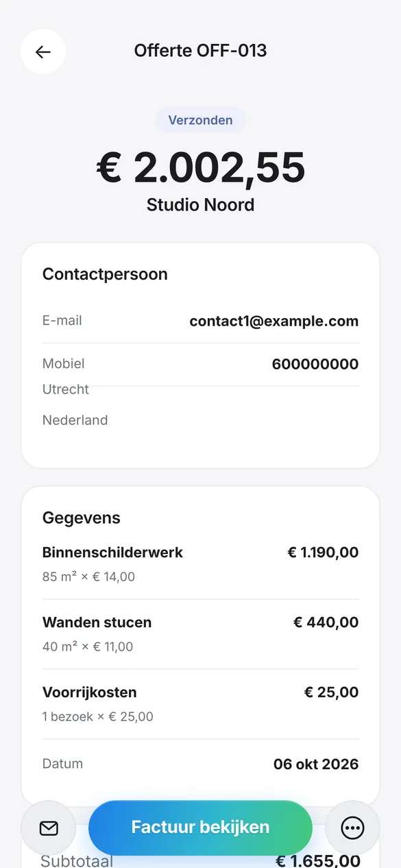 Een verzonden offerte in Quotea met regels, totalen en betaalmethode
