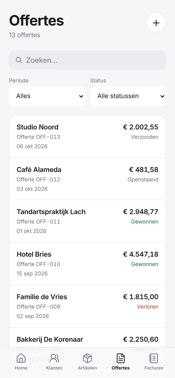Lijst met offertes en hun status